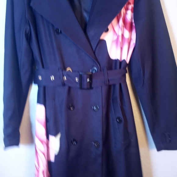 Maraval Silky Black Pink Rose Floral Bohemian Belted Classic Trench Coat Dress M - Picture 4 of 11